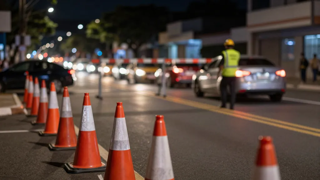 Agente de trânsito em blitz noturna ao lado de um carro parado em avenida brasileira