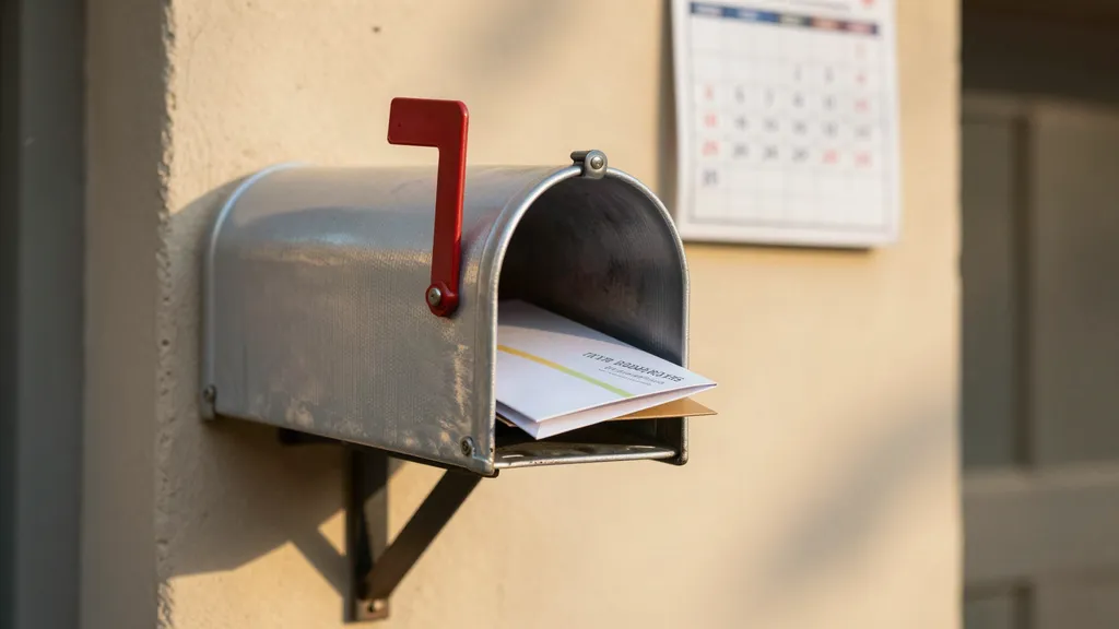 Envelope aberto com notificação de multa sobre a mesa, ao lado de um calendário e das chaves do carro