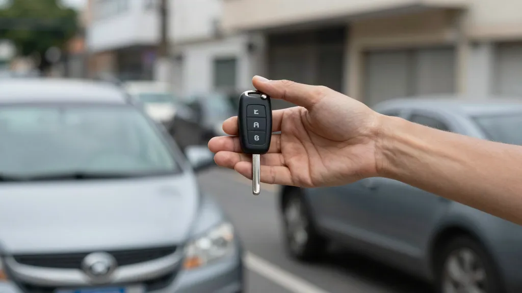 Pessoa entregando a chave do carro a outra ao lado de um veículo estacionado, com um formulário sobre o teto